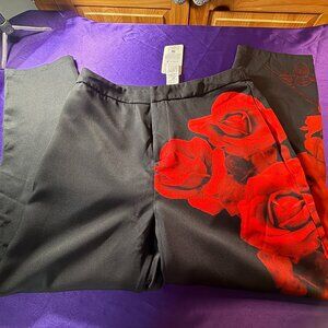 NEW 📌SHEIN Black High Waist Dress Trouser with Red Roses Design